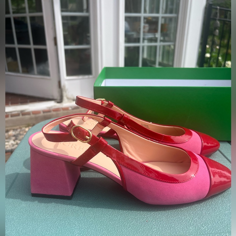 New. J. Crew Pink and Red Block Heel Slingbacks - Picture 6 of 8